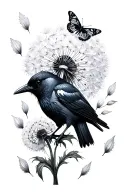 crow, butterfly, dandelion seeds tattoo design idea