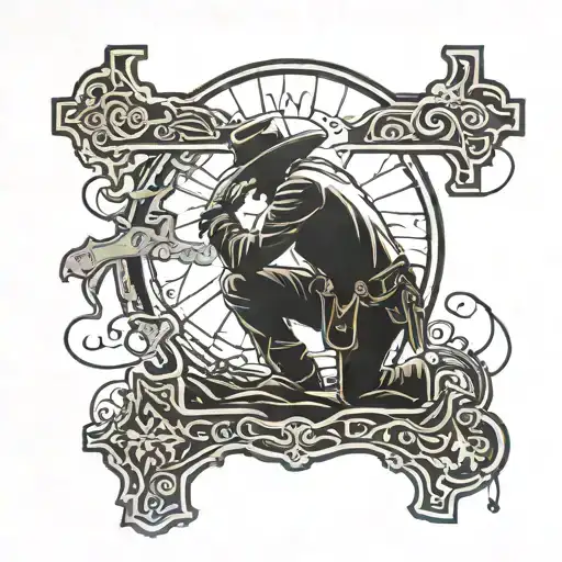 silhouette of a cowboy that is kneeling down next to a cross tattoo design idea