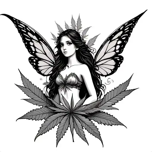 fairy with marijuana leaf wings spread tattoo design idea