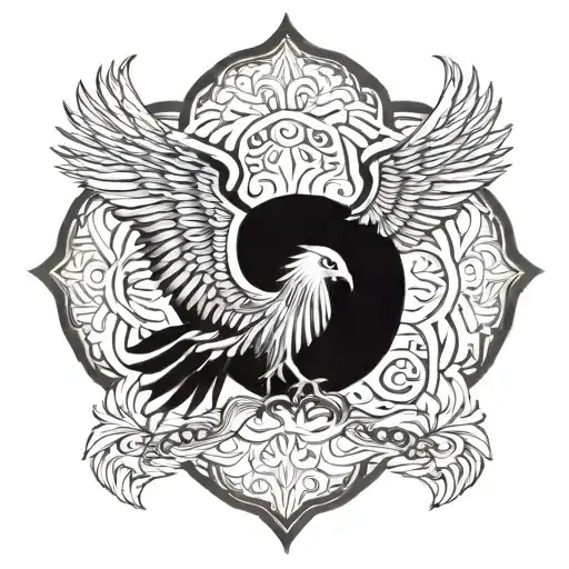 Incorporate the Albanian double-headed eagle symbol and Turkish crescent moon into a symmetrical mandala design tattoo design idea