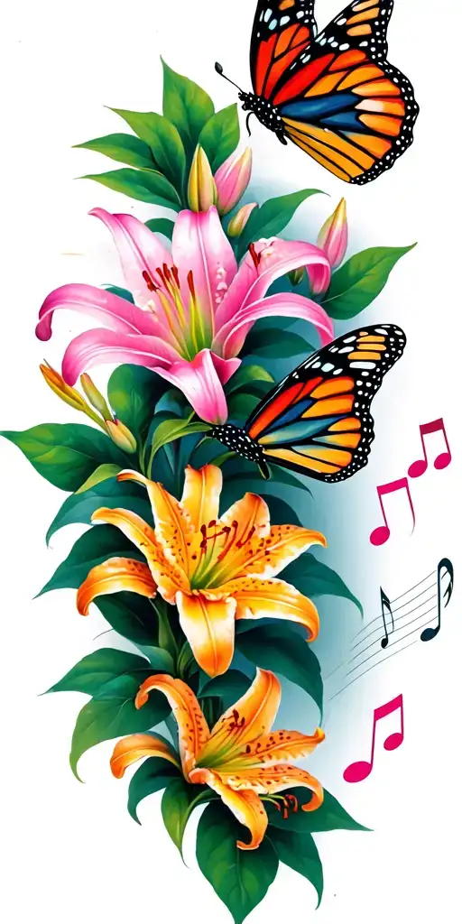 lily flowers & cherry blossom flowers, music notes and monarch butterflys tattoo design idea