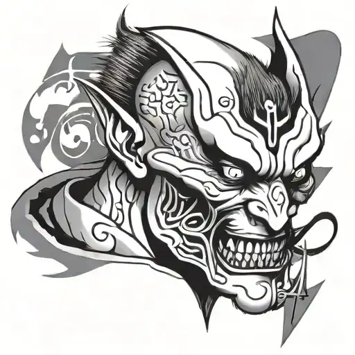 Half demon half angle human with Japanese lettering and cracked face   tattoo design idea