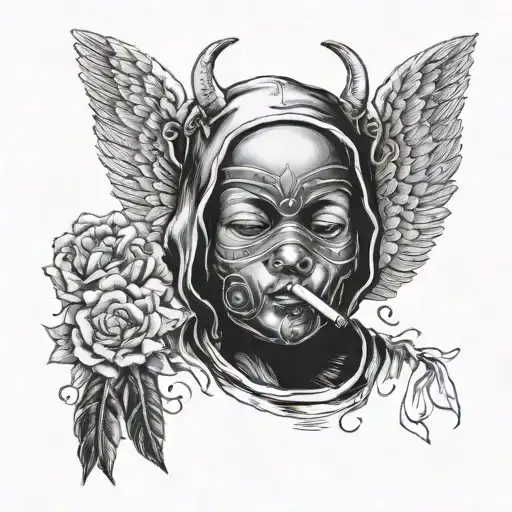 baby smoking cigarette, with balaclava on face, small horns, angel wings tattoo design idea