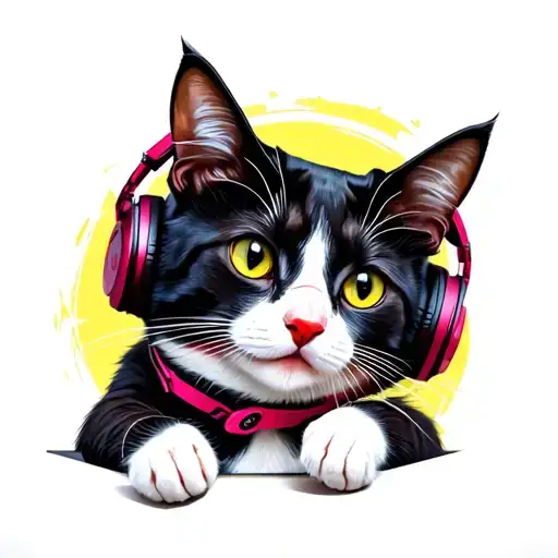 black and white tuxedo breed cat wearing gaming headphones playing on a computer tattoo design idea