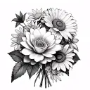 water lily, rose, two chrysanthemums, poppy flower, and daisy in a bouquet of flowers  tattoo design idea