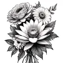 water lily, rose, two chrysanthemums, poppy flower, and daisy in a bouquet of flowers  tattoo design idea