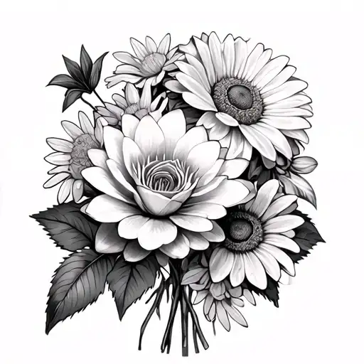 water lily, rose, two chrysanthemums, poppy flower, and daisy in a bouquet of flowers  tattoo design idea