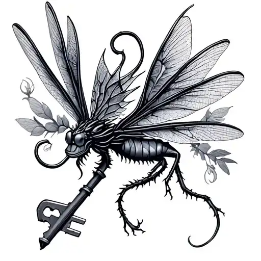 key with needle and thread an tiny dragon flies tattoo design idea