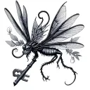 key with needle and thread an tiny dragon flies tattoo design idea