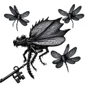 key with needle and thread an tiny dragon flies tattoo design idea