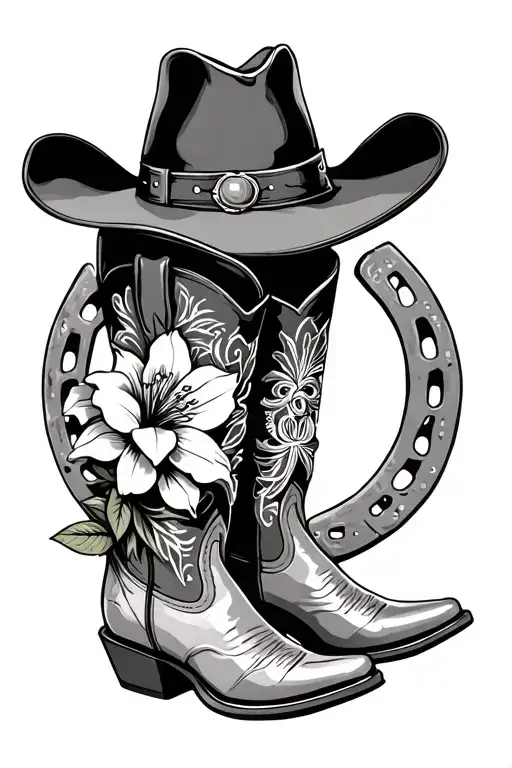 cowboy hat, cowgirl boots, horseshoe, columbine flower, western light coloured intricate detail on boots tattoo design idea