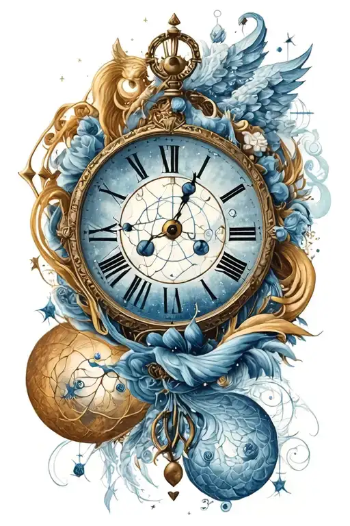 janus, timeless clock, Aquarius constellation tattoo design idea