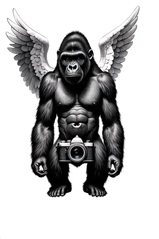 A gorilla with angel wings and a photo camera da gallery tattoo design idea