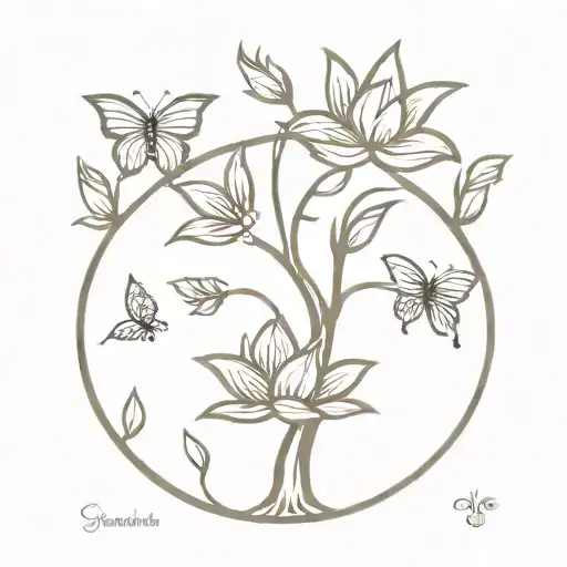 A minimalist tree of life with a lotus flower and a butterfly design tattoo design idea