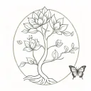 A minimalist tree of life with a lotus flower and a butterfly design tattoo design idea