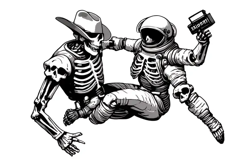 cowboy skeleton fighting an astronaut floating tattoo design idea