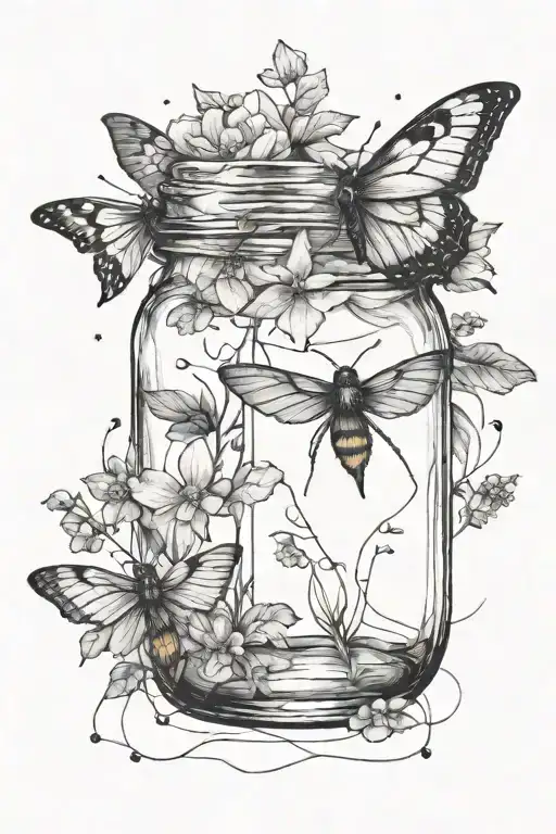 minimalist tattoo showing a chipped mason jar at the bottom and a pretty, lunar moth flying nearby, celestial things too tattoo design idea