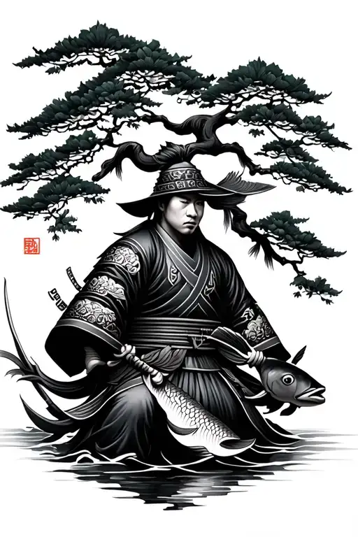 japanese style tattoo samurai with carp koi and japanese treee tattoo design idea