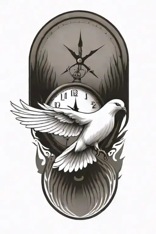 dove with wing spread, clock and evil eye tattoo design idea