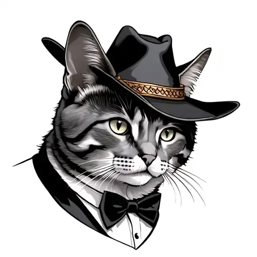grey and white tuxedo cat with a cowboy hat tattoo design idea
