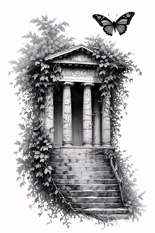 Greek building with vines and butterfly's  tattoo design idea