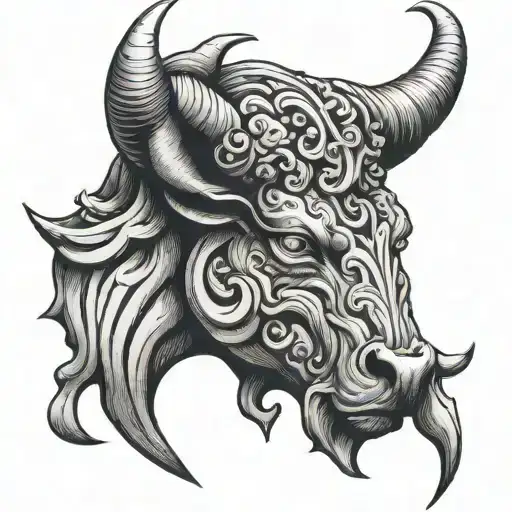 Taurus head with simple details, the letter "I" written in ancient greece in the middle tattoo design idea
