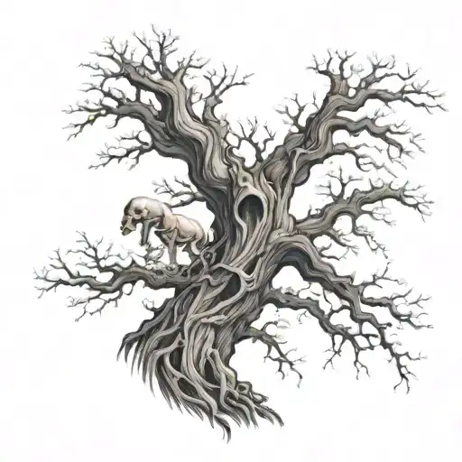 oak tree with skeletons  hand holding tattoo design idea