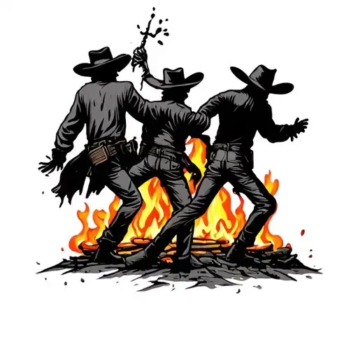 minimalist tattoo design featuring cowboy ghosts dancing around a fire tattoo design idea