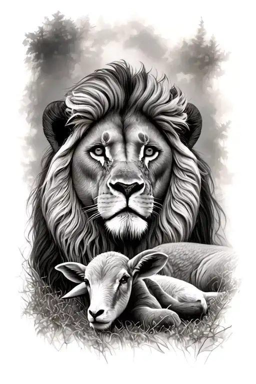 Lion and Lamb laying tattoo design idea