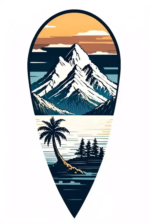Design: A minimalist silhouette of a mountain with a small palm tree in front, both joined by a horizon line tattoo design idea