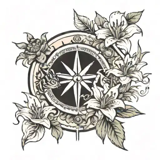 Tiger, lilies, water, sea turtle compass, all trees tattoo design idea