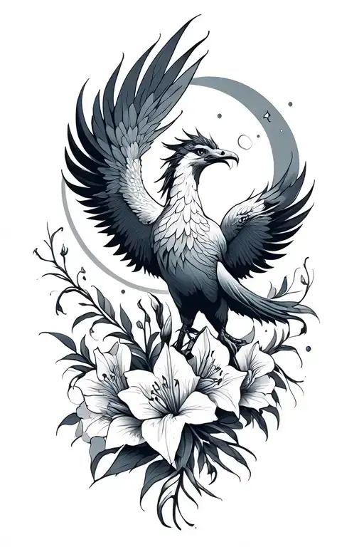 Phoenix with gladiolus and moon tattoo design idea