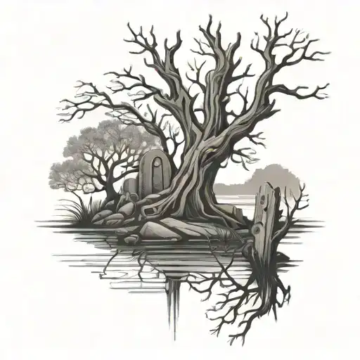 Dead tree and grave stones by lake surrounded tattoo design idea