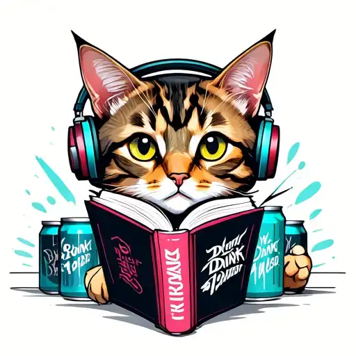A  cat wearing headphones while reading a book, surrounded by energy drink cans tattoo design idea