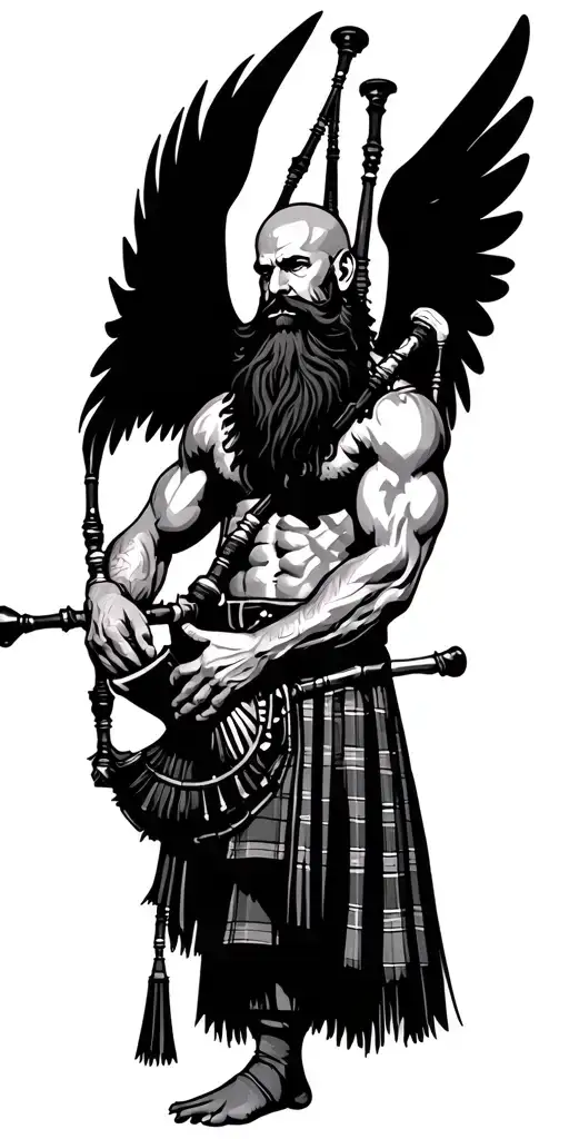 shirtless muscular bagpiper bald black beard with huge black wings playing bagpipes in arm tattoo design idea