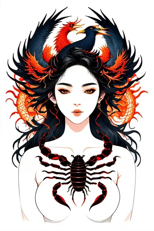silouette of a woman’s face serene and powerful with pheonix and dragon. A scorpion on her breast revealing it tattoo design idea