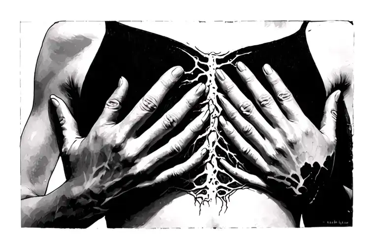 mastectomy scar across chest, partially covered by female hands  tattoo design idea
