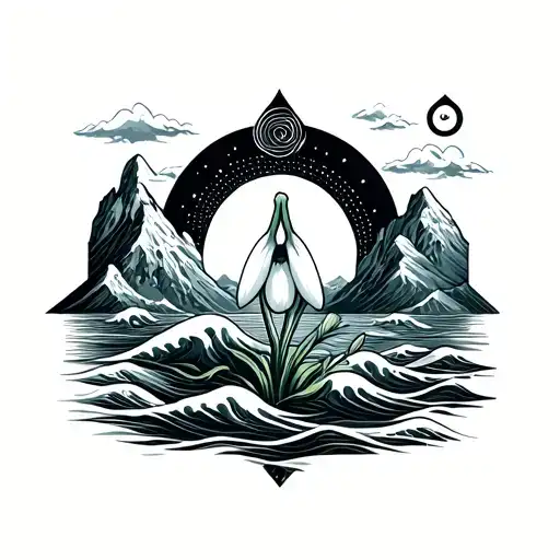A snowdrop flower nestled among mountains, with a background of ocean waves and a balanced empathic energy symbol, representing harmony and tranquility tattoo design idea