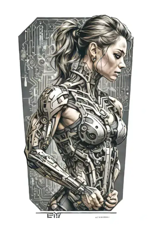 combine bodybuilding women flexing bicep with technology circuits tattoo design idea