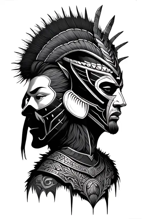 head of anubus facing away and head of a samuari with mask facing opposite direction tattoo design idea