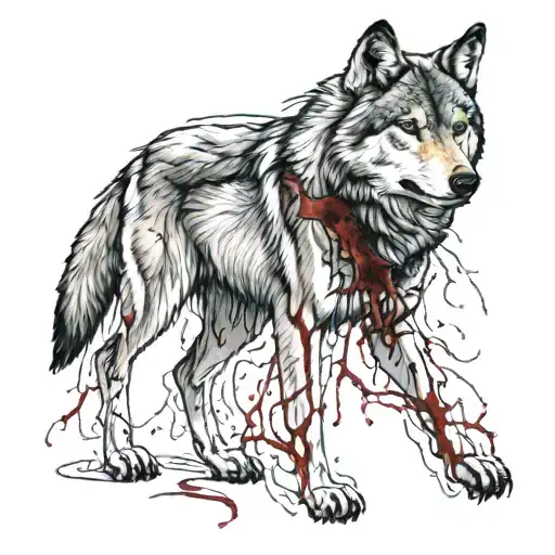 A male wolf with a bleeding wound stiched tattoo design idea