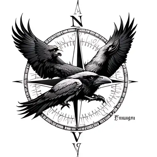 Fenrir Jormungand and Odins Ravens around a Viking Compass tattoo design idea