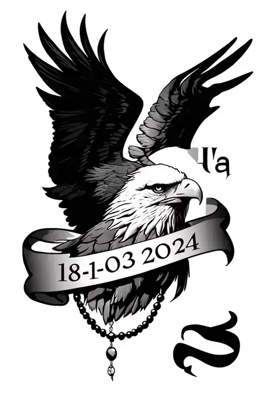 head of an eagle with rosary beads necklace in black and white with the date 18-03-2024 in romanian numbers on a ribbon  tattoo design idea