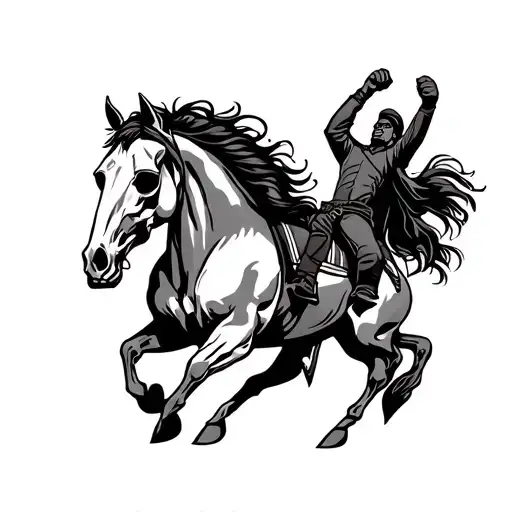 2 horse skulls looking outwards, gothic, dark, in the middle a galloping horse with rider raising his fist tattoo design idea