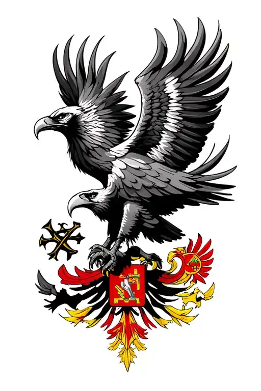 Albanian eagle with realistic angry look and under the flag of Albania tattoo design idea