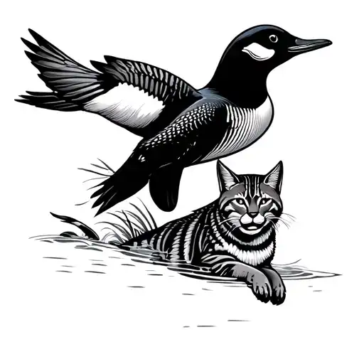 loon flying and a bobcat in the wildenress tattoo design idea