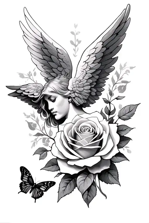 angel wings with rose tattoo and a butterfly  tattoo design idea