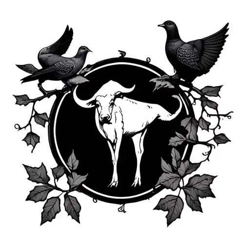 thic vines gowing down the right arm with 2 small doves caring two dead leaves and a bull nordic sign stuck inside it tattoo design idea