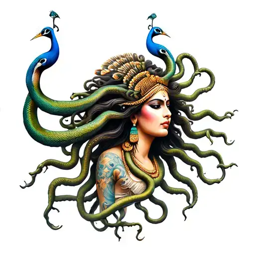 A tattoo of Medusa but she's an indian goddess, the snakes on her head are peacocks, and she has 6 arms tattoo design idea