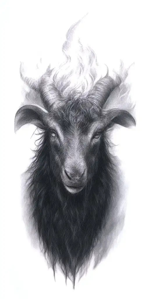 The image shows a tattoo of a Wicked.,Witchcraft stylized goat-like creature with dark fur. It has large, Burning horn   tattoo design idea